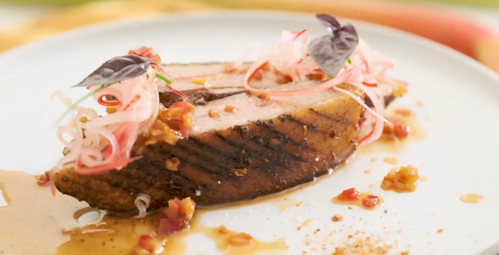 Duck breast with Magical Rub – rhubarb, basil & maple syrup – Bretelles