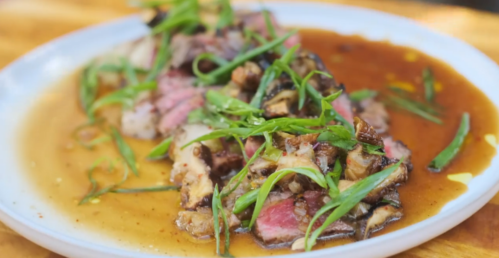 Magical Rub beef tataki – maple ponzu & shiitake mushrooms